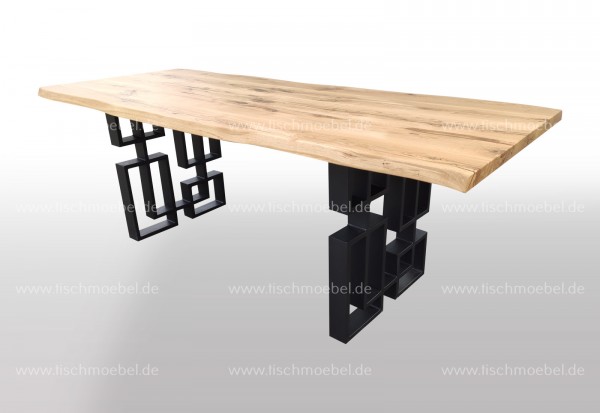 Esstisch mit Naturkante auf Labyrinth Tischgestell Schwarzstahl 220x90cm