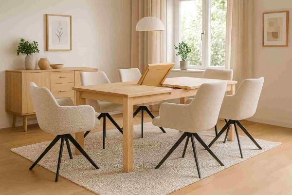 birke-ausziehtisch-mit-sichtbarer-klappeinlage-beige-drehstuehle-skandinavisches-esszimmer