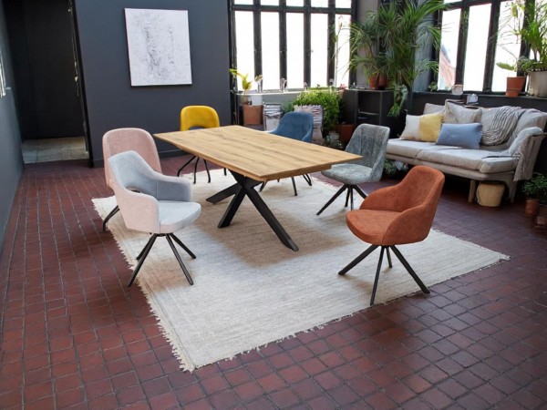 Esstisch Wildeiche 160x90 mit 6 Stühlen Linea Alana - Stoffpolsterung