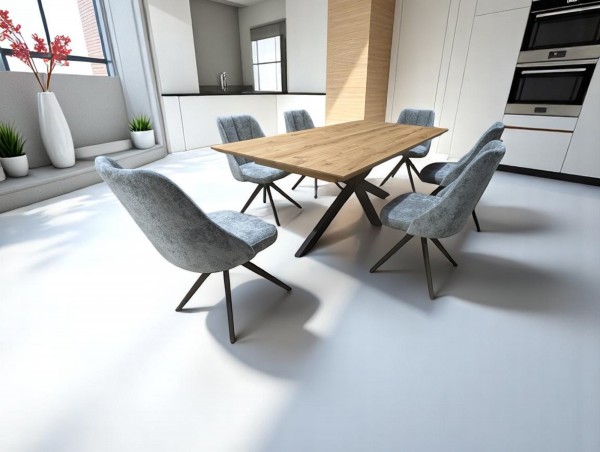 Designer Tisch Wildeiche ausziehbar - mit sechs Designer Stühlen
