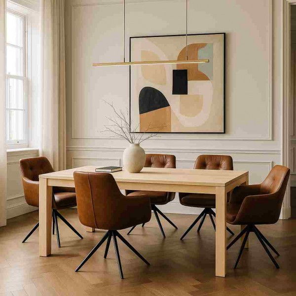 ahorn-esstisch-braune-lederstuehle-moderne-lampe-wandbild-exklusives-esszimmer