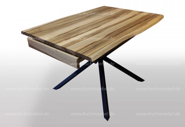 Designer Tisch Amberbaum ausziehbar 270 x 80cm mit Naturkante auf Spider Tischgestell