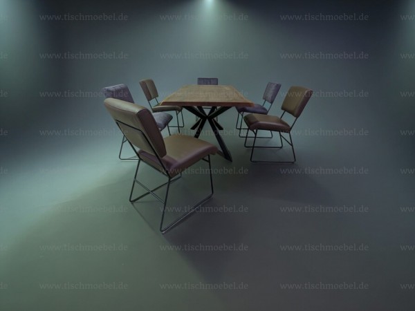 Esstisch Nussbaum mit Baumkante mit 6 Echtleder Stühlen Nevada