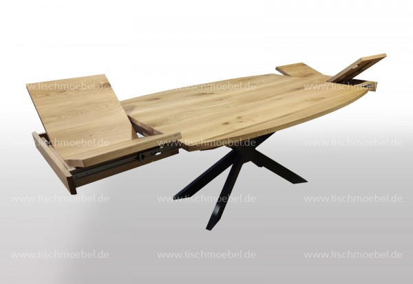 Esszimmertisch Bootsform Wildnuss ausziehbar 290x90 auf Spider Tischgestell