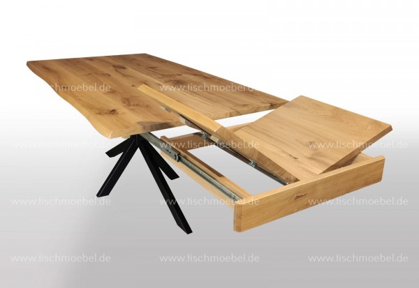 Designer Baumtisch Birke ausziehbar auf Kreuzgestell Klappeinlage Kopfauszug 170x90cm