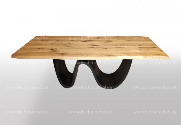 küchentisch mit Baumkante Wildeiche 200x90 auf Wave Tischuntergestell