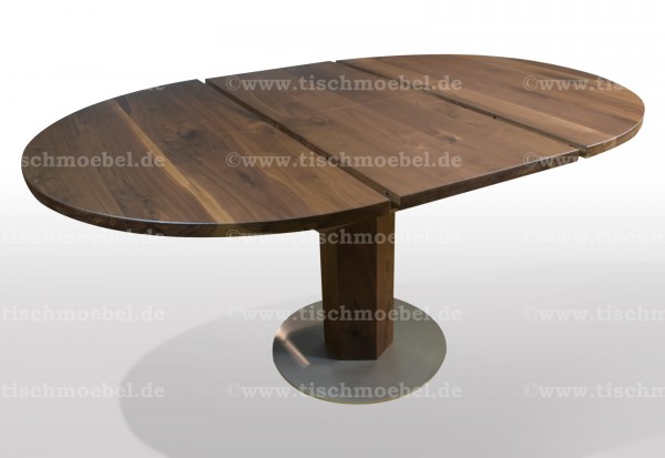 Holztisch rund Nussbaum ausziehbar auf Edelstahl Fußplatte