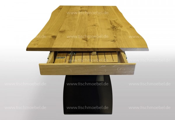 Esstisch mit Baumkante ausziehbar Amberbaum massiv 130x100 auf Mondgestell