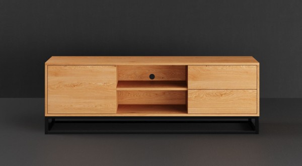 TV-Board Esche 220x40x60cm - Industrial Design Massivholz - Frontansicht black
