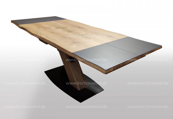 Baumkanten Tisch 140x80 cm Wildeiche ausziehbare Keramikplatten