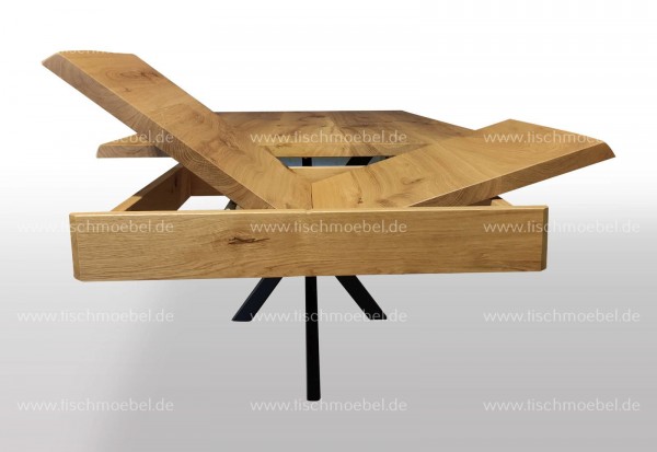 Designer Tisch Wildeiche mit Baumkante ausziehbar auf Kreuzgestell Klappeinlage Kopfauszug 200x110cm