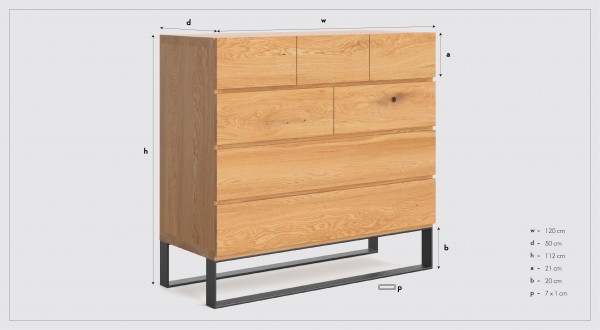 Moderne Kommode Eiche - Loftlook - 120 x 112 x 50 cm - 7 Schubladen - Maße