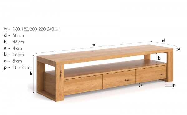 Fernsehschrank Esche massiv Harmony 200x50x45cm - Maße