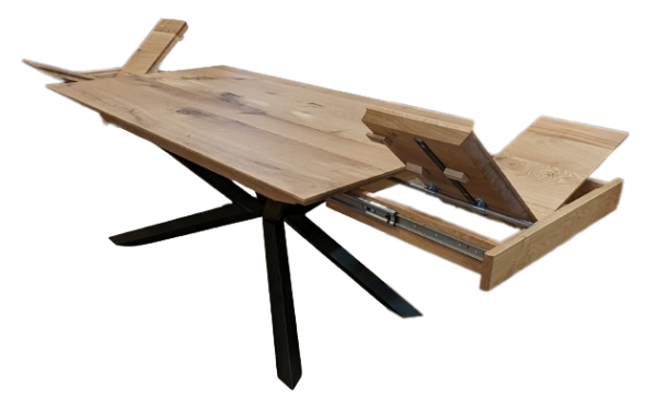 Eiche Wohnzimmertisch 270x100cm ausziehbar auf Spider Untergestell asymmetrisch 