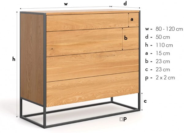Moderne Kommode aus massiver Eiche - Loftlook - 80 x 110 x 50 cm - Maße