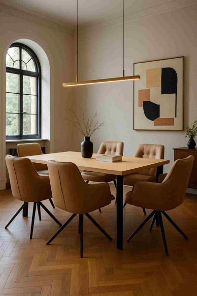 ahorn-esstisch-mit-schwarzstahl-beinen-beige-lederstuehle-moderne-lampe-exklusives-esszimmer