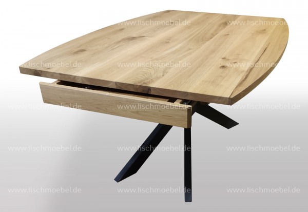 Holztisch Bootsform Kirschbaum amerikanisch ausziehbar 140 x 80 auf Spider Gestell schwarzstahl