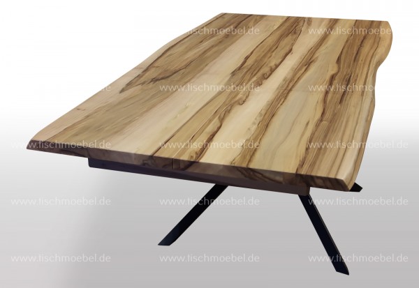 Designer Tisch Amberbaum ausziehbar 190 x 120cm mit Naturkante auf Spider Tischgestell