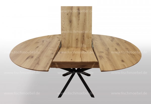 Runder Tisch ausziehbar aus Wildeiche mit Metallgestell Spider II