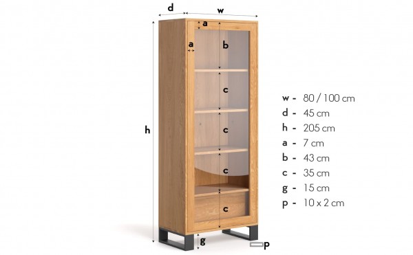 Vitrine 205 x 100 x 45 cm Eiche massiv - industrial design - masse