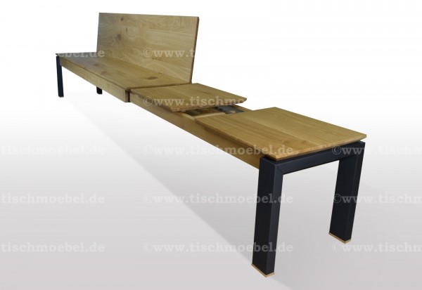 bank eiche ausziehbar mit rueckenlehne schwarzstahl untergestell