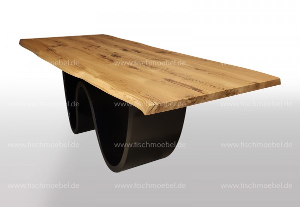 Esszimmertisch mit Baumkante Wildeiche 200x90 auf Wave Tischuntergestell