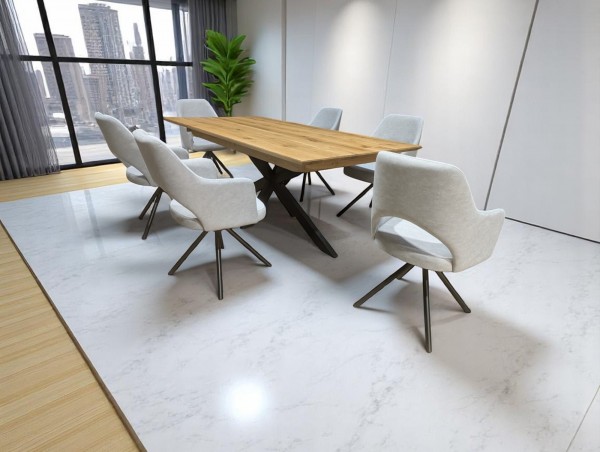 Designer Massivholztisch Wildeiche ausziehbar - mit sechs Designer Stühlen