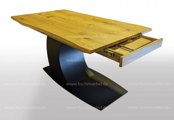 Tisch mit Baumkante ausziehbar Eiche massiv 160x110 auf Mondgestell