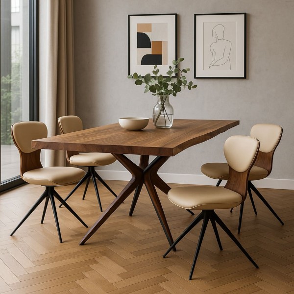 Baumkantentisch-Nussbaum-ausziehbar-mit-Designerstuhl-flora