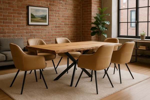 moderner-loft-esstisch-baumkante-beige-lederstuehle