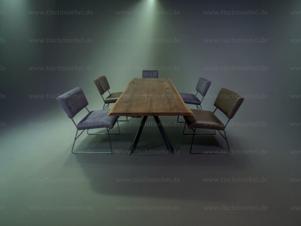 Esszimmertisch Nussbaum mit Baumkante mit 6 Echtleder Stühlen Nevada