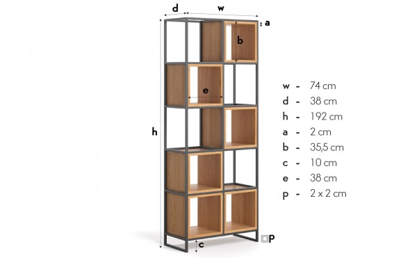industrail Design Regal aus Eiche und Schwarzstahl in 200 x 82 x 38cm - Maße
