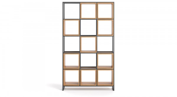 industrail Design Regal aus Eiche und Schwarzstahl in 200 x 122 x 38cm - Frontansicht