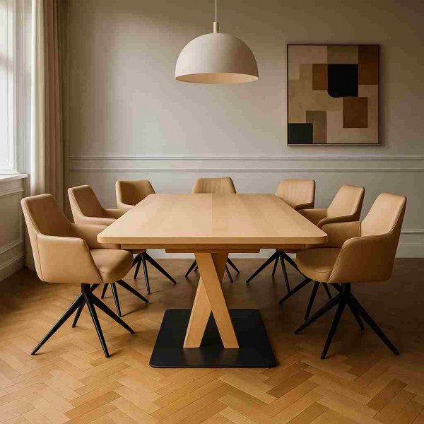 birke-saeulentisch-v-holzsaeule-mit-eingeruecktem-auszugskasten-beige-lederstuehle-exklusives-esszimmer