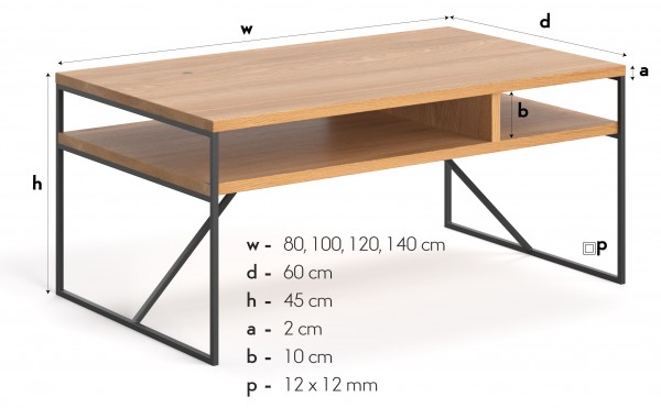 Wohnzimmertisch Holden - 140 × 60 × 45 cm - aus Eiche und Stahl - Masse