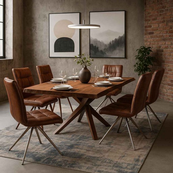 loft-esstisch-nussbaum-mit-edelstahl-spiderfuss-und-lederstuehlen
