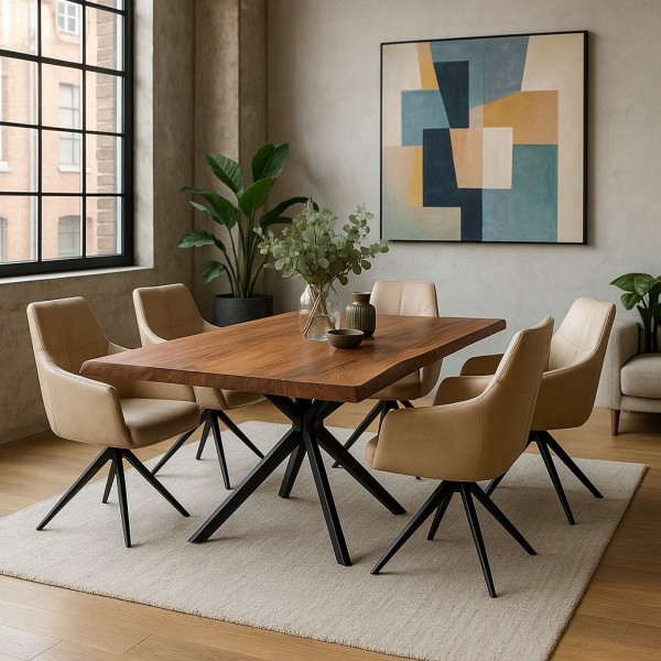 moderner-loft-esstisch-nussbaum-baumkante-mit-beigen-lederstuehlen