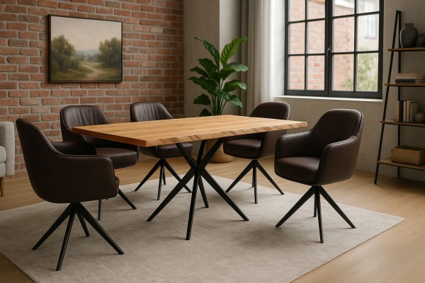 moderner-loft-esstisch-baumkante-dunkelbraune-lederstuehle