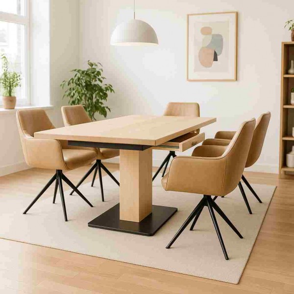 birke-saeulentisch-mit-schwarzstahl-fussplatte-auszugskasten-und-klappeinlage-beige-lederstuehle-skandinavisches-esszimmer