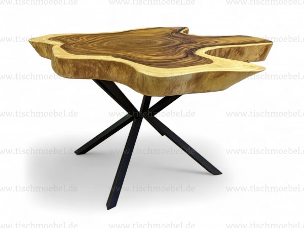 Tisch auf Spider Tischgestell aus einer Baumscheibe Suar Holz  127 x 113 x 8 cm