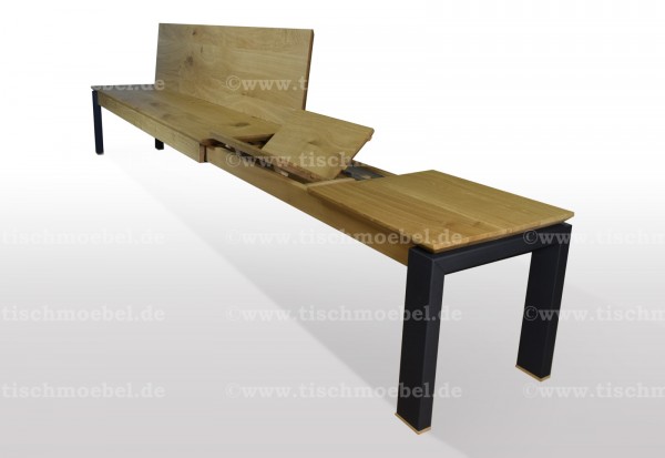 bank aus eiche ausziehbar mit rueckenlehne schwarzstahl untergestell