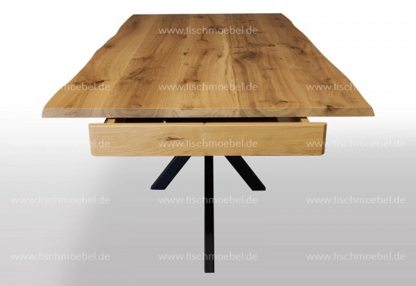 Designer Tisch mit Baumkante ausziehbar auf Kreuzgestell Schwarzstahl Kopfauszug Funktion 240x110cm