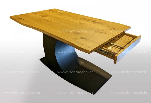 Holztisch 290 x 90 cm mit Baumkante ausziehbar Ahorn massiv auf Mondgestell