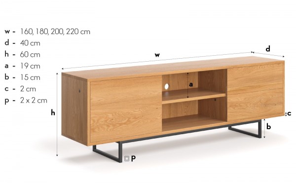 TV-Board aus Erle - 160x40x60cm - industrial Design - Maße