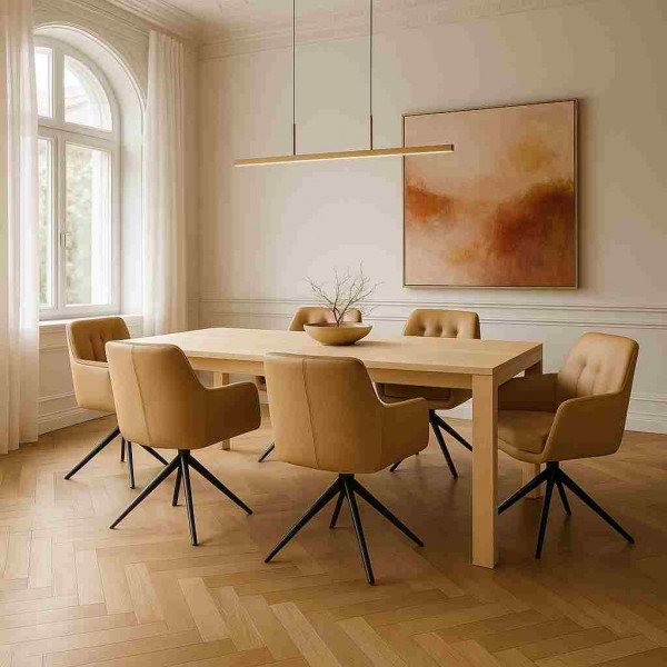 ahorn-esstisch-beige-lederstuehle-moderne-lampe-exklusives-esszimmer