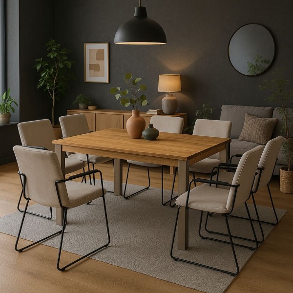 Moderne Essgruppe im wohnlichen Ambiente Wildeiche Esstisch mit modernen Drahtstühlen