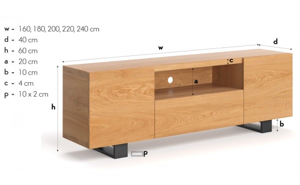 Lowboard / TV- Board Esche massiv 240x50x45cm - Maße