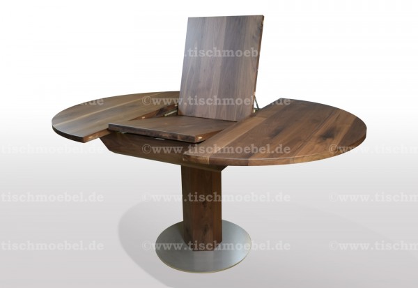 runde Kuechentische Nussbaum ausziehbar auf Edelstahl Fussplatte