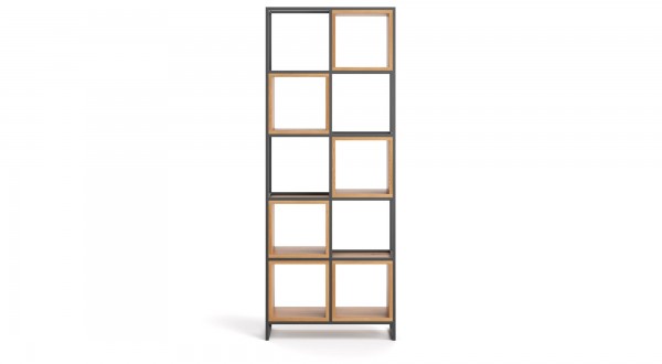 industrail Design Regal aus Eiche und Schwarzstahl in 200 x 82 x 38cm - Frontansicht