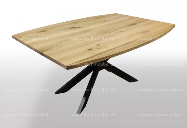 Esstisch Bootsform Wildnuss ausziehbar 300 x 90 auf Spider Gestell schwarzstahl